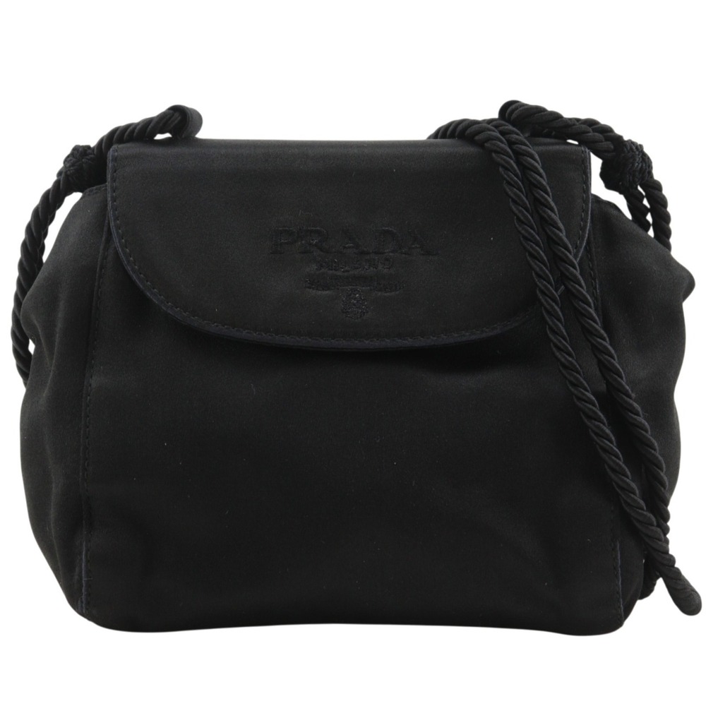 Prada Logo Fringe Shoulder Bag, Satin, Black, Magnetic Closure, Women's